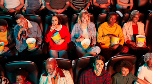Birds eye view of multi-ethnic audience in cinema